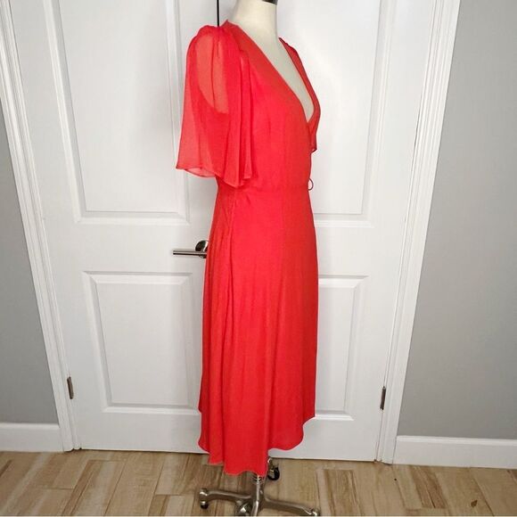 Alice + Olivia Suri True Wrap Midi Dress Red Size 2 Sheer Sleeves - Picture 9 of 14